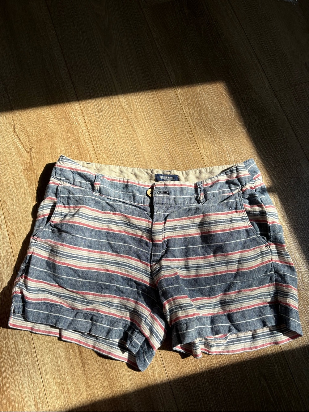 British Khaki Striped Cotton Jean Shorts - Blue/Red/Cream